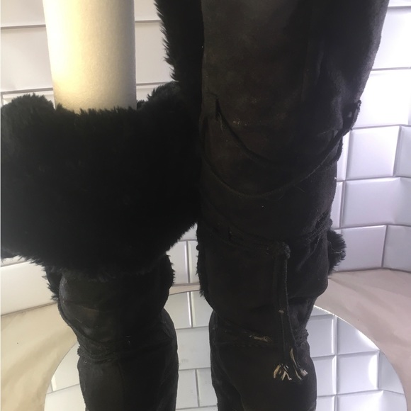 SO So Real Black Leather Fur Lined Lace Up Wedge Boots Womens 8.5 - Picture 8 of 10